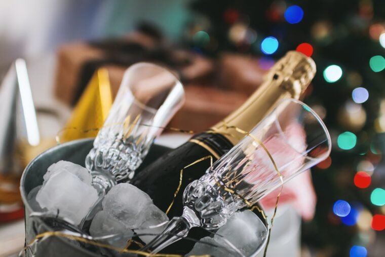 champagne bottle and glass in bucket